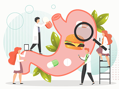 cartoon of doctors examining a stomach