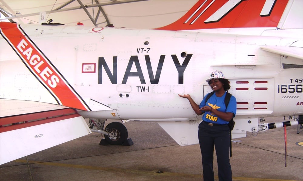 Kela X. Harris standing in front of a Navy airplane. Harris served in the U.S. Navy from 2007-2011 as a Nuke. Navy Nukes operate and maintain nuclear reactors and propulsion systems on submarines and aircraft carriers. At Children’s National Hospital, she is an HRIS analyst in the HR Information Systems team in Human Resources.