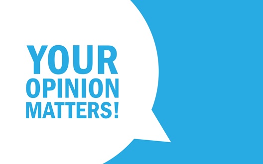 White conversation bubble on a blue background with the message "Your Opinion Matters"