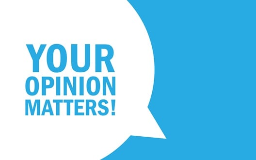 White conversation bubble on a blue background with the message "Your Opinion Matters"