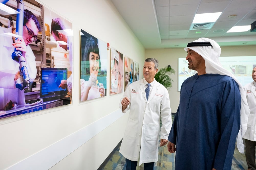 His Highness Sheikh Mohamed bin Zayed Al Nahyan, President of the United Arab Emirates (right) visited Children's National in September 2024. Anthony Sandler, M.D., who directs the Sheikh Zayed Institute for Pediatric Surgical Innovation, highlighted breakthroughs made possible by the UAE’s philanthropy.