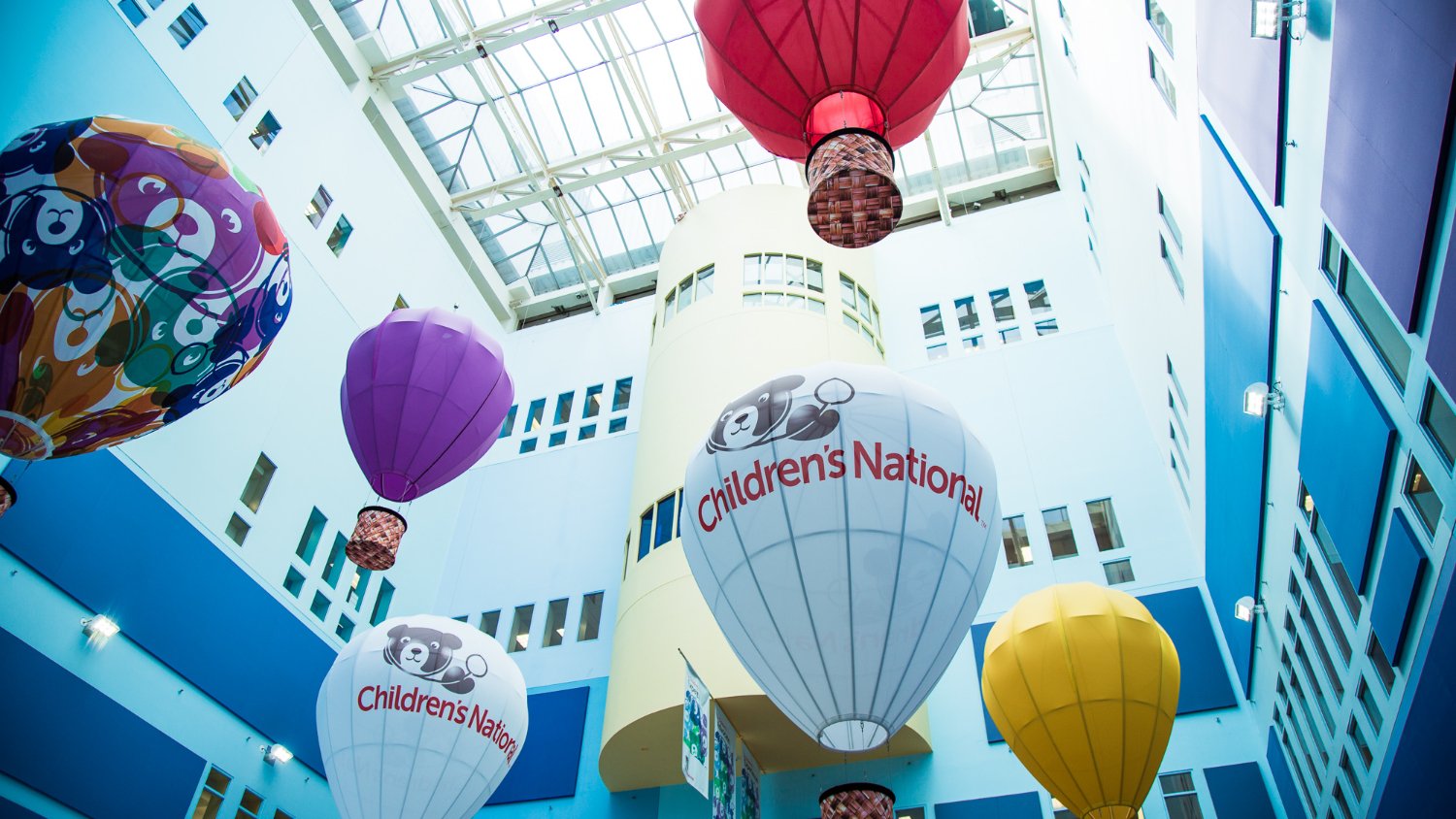 Hot air balloons in the Costco Wholesale Atrium at Children's National Hospital
