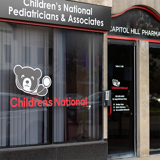 Photograph of the exterior window with Children's National logo at CNPA Capitol Hill.