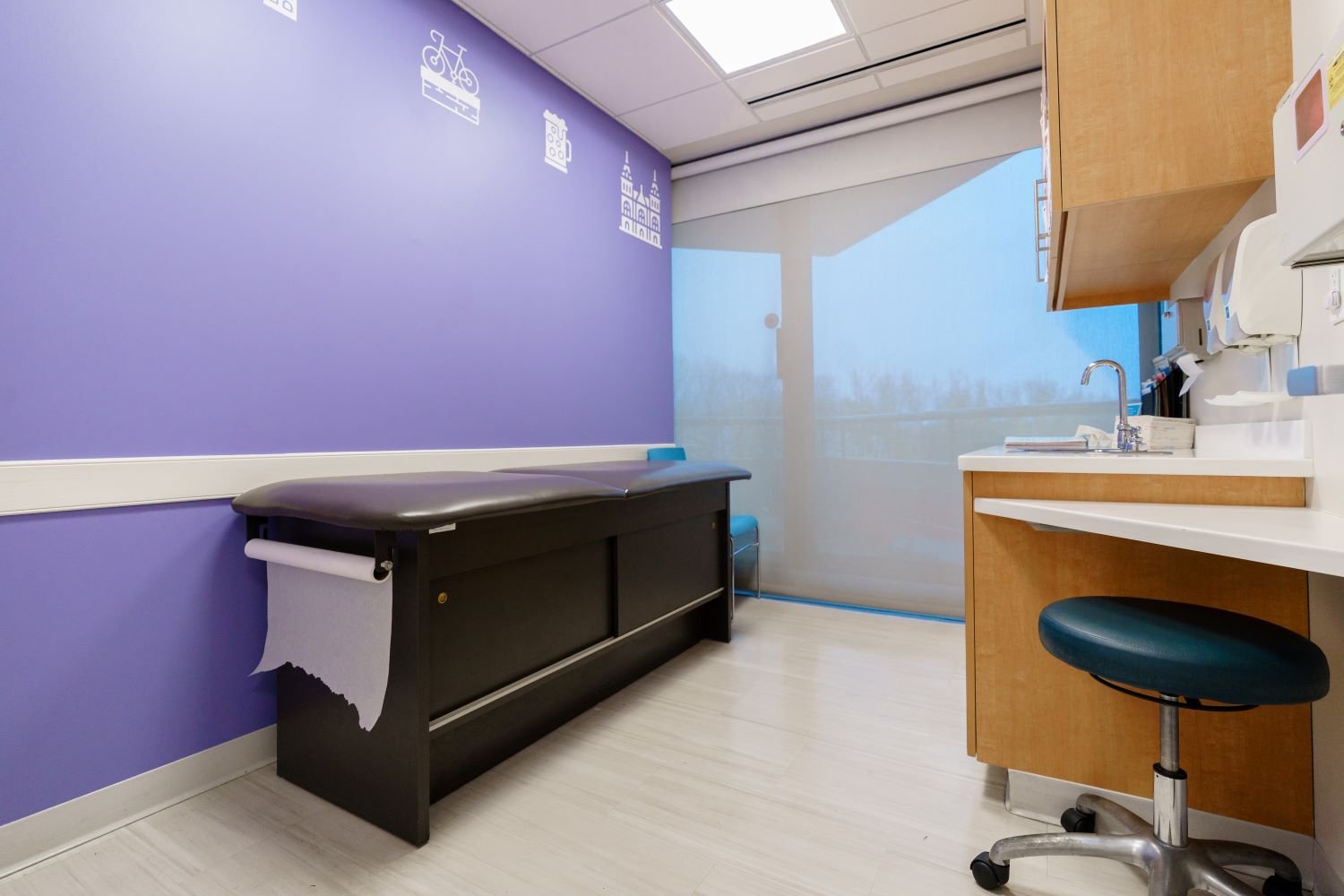 patient room with purple wall