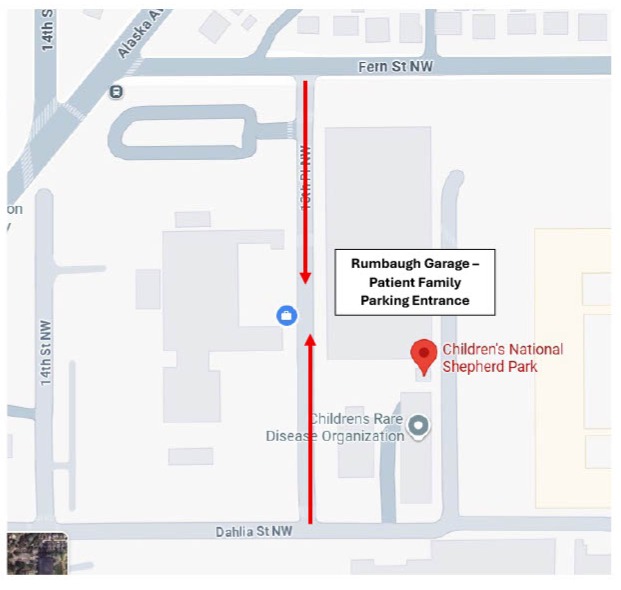 Map of Children’s National Shepherd Park in Washington, DC, showing the location of the Rumbaugh Garage patient and family parking entrance on 13th Place NW. The map displays nearby streets including Alaska Avenue NW, 14th Street NW, Fern Street NW, and Dahlia Street NW. A red arrow indicates the route along 13th Place NW leading to the garage entrance. A marker indicates the Children’s National Shepherd Park building located near the northeastern side of the campus.