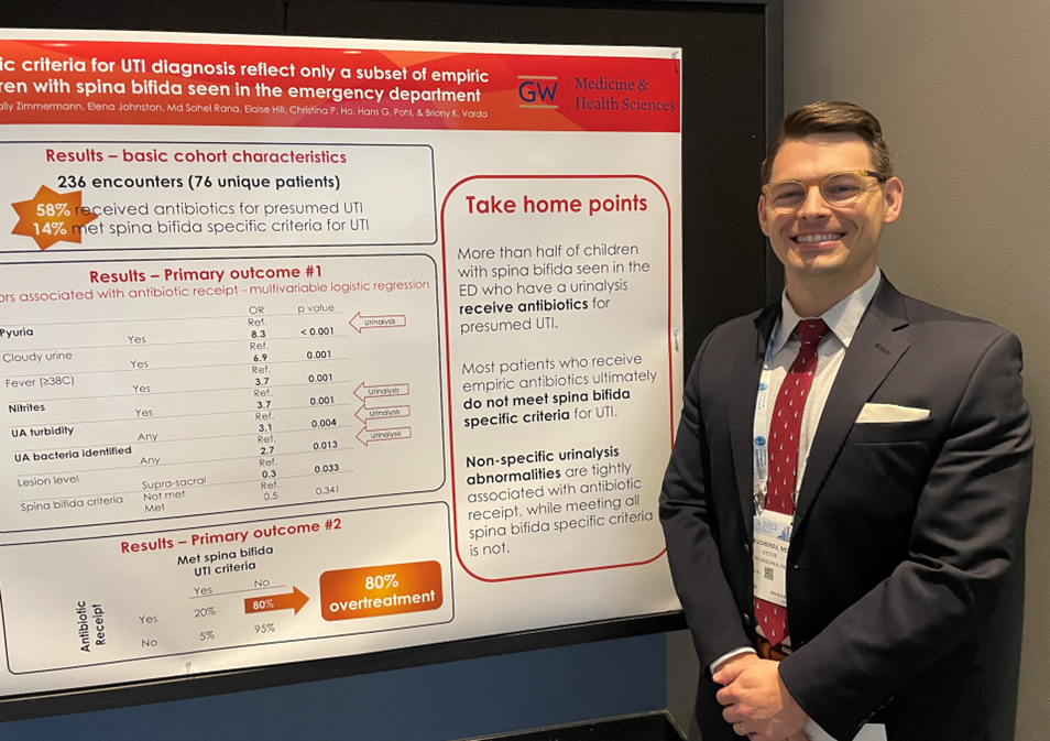Researcher standing in front of research project poster board