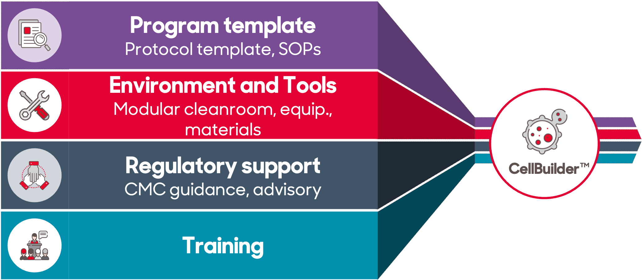 Graphic reading: Program template, Protocol template, SOPS; Environment and Tools, Modular cleanroom, equipment, materials; Regulatory support, CMC guidance, advisory; Training. CellBuilder™.