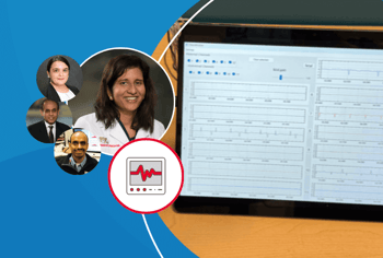 The Beat-to-Beat team—Pooneh Roshanitabrizi, Raj Shekhar, Rathinaswamy Govindan and Anita Krishnan—with an EKG icon, and a picture of the device.