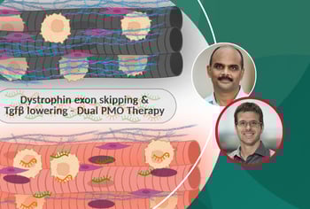 Graphic of Dystrophin deficient muscle with headshots of Jyoti Jaiswal and James Novak.