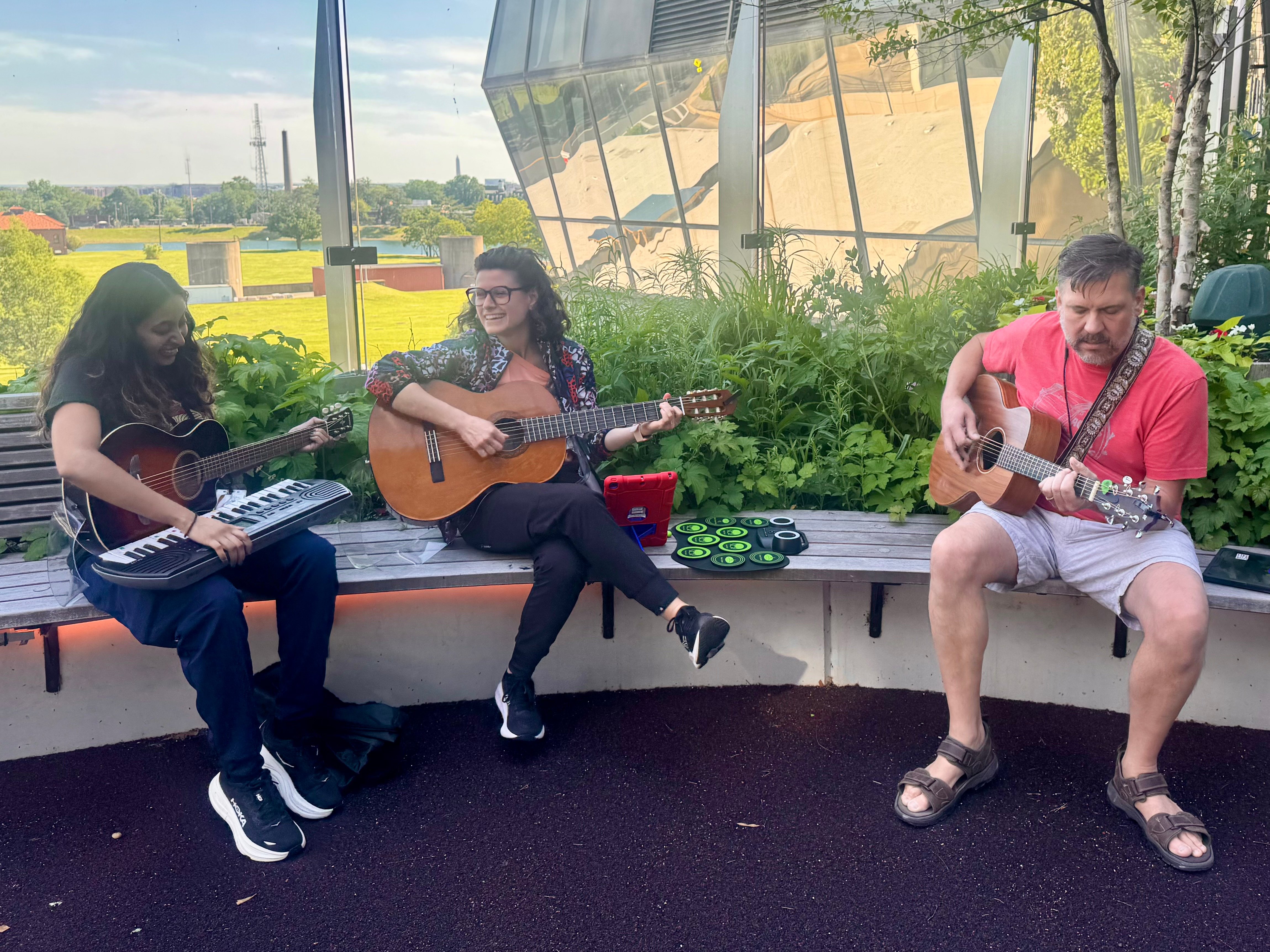 Group playing music in the healing garden