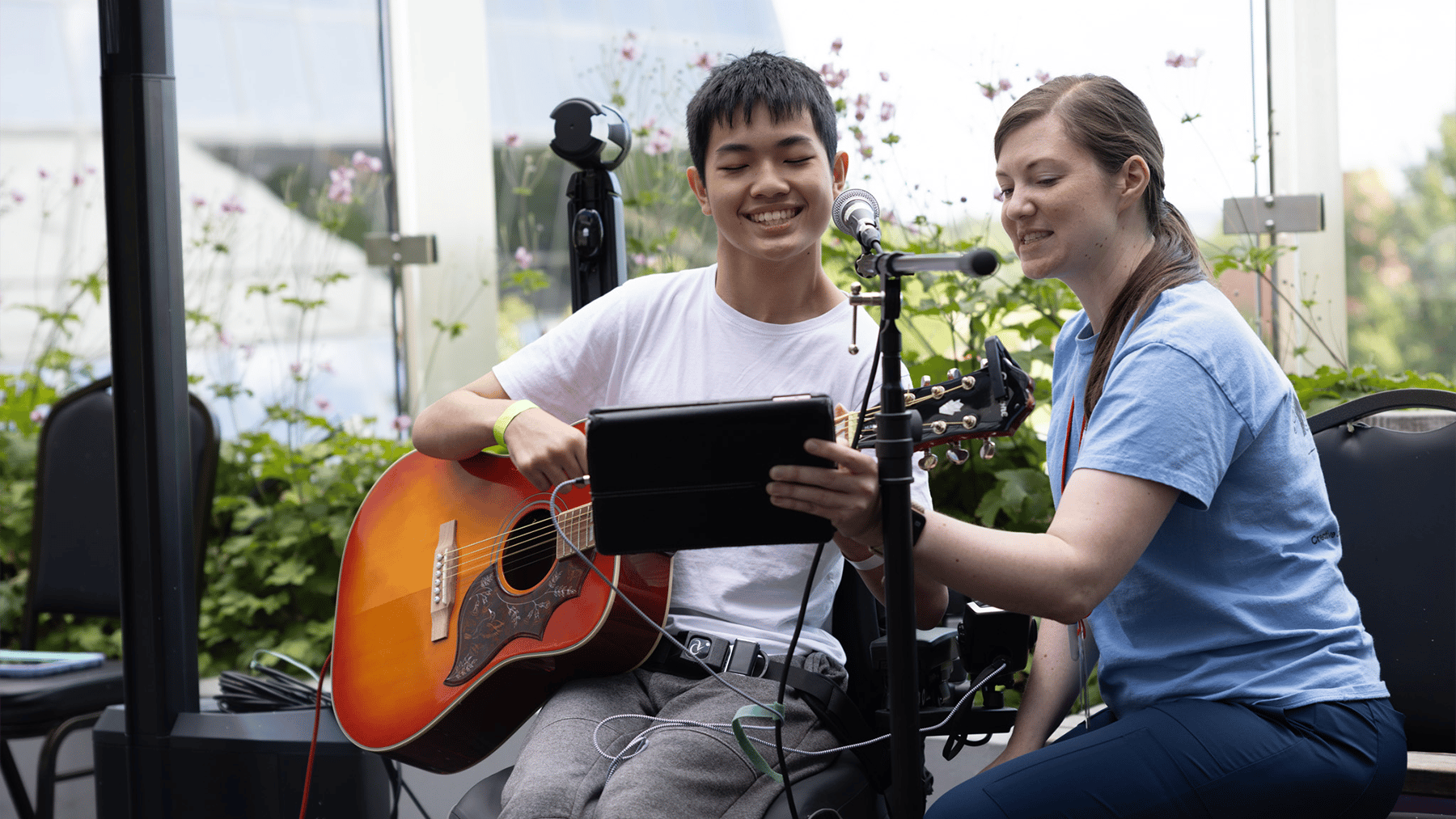Patient playing the guitar