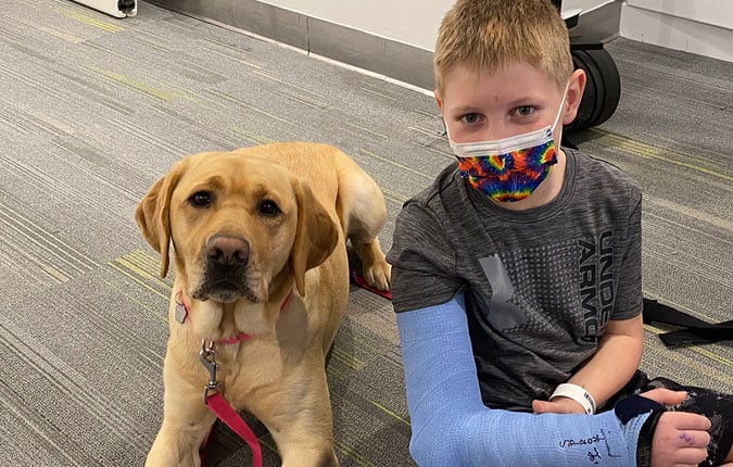Children's National facility dog Sprout, made possible by the Dunkin' Joy in Childhood Foundation, comforts a patient