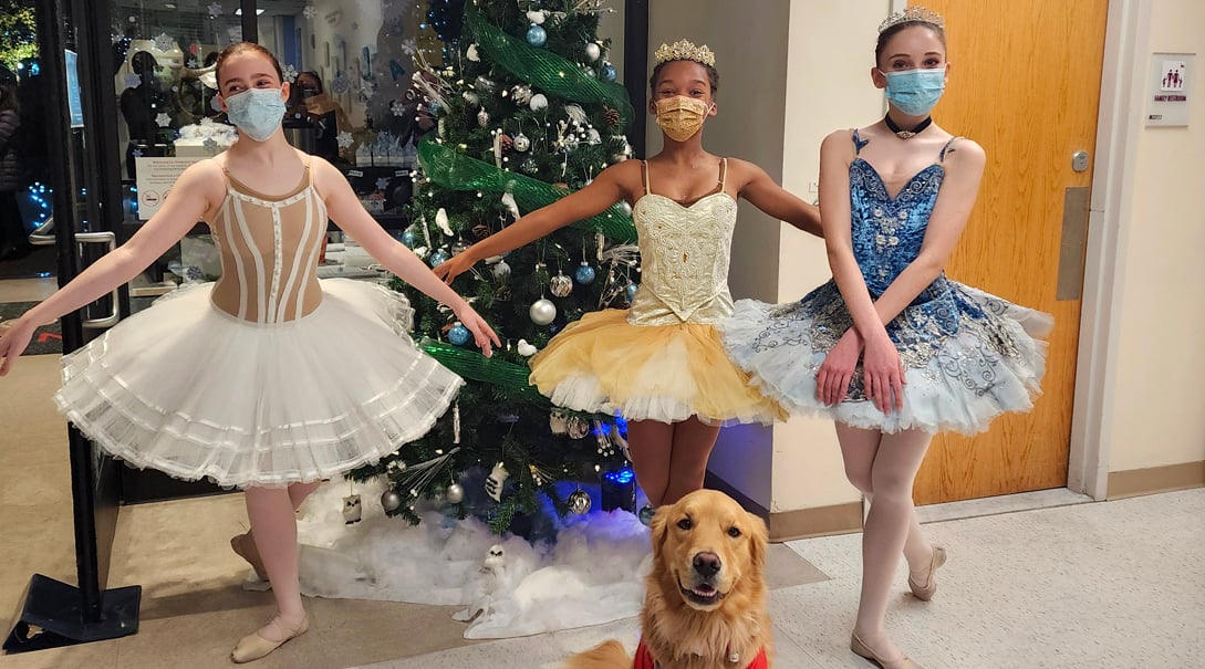 Three ballerinas posing with a therapy dog