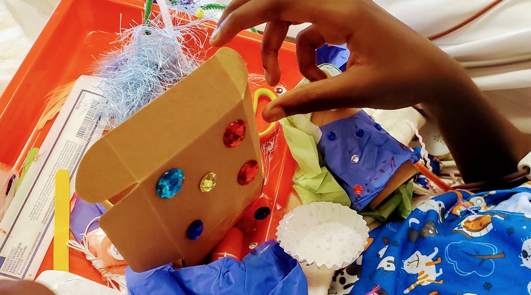 An up close look at a decorative arts-and-craft box created by a patient