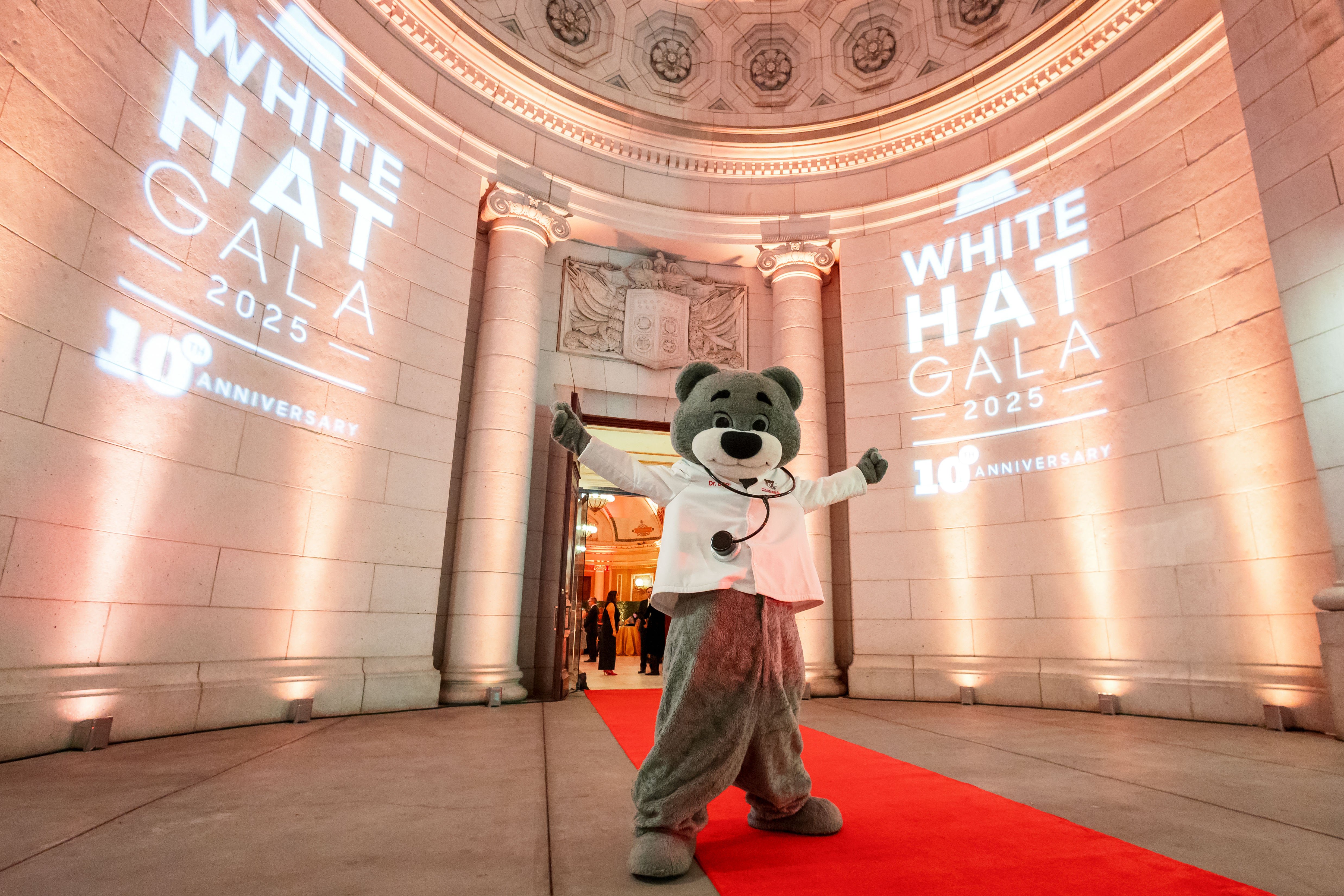 Children's National Hospital mascot, Dr. Bear, poses outside of the White Hat Gala 2026 at Union Station in Washington, D.C.