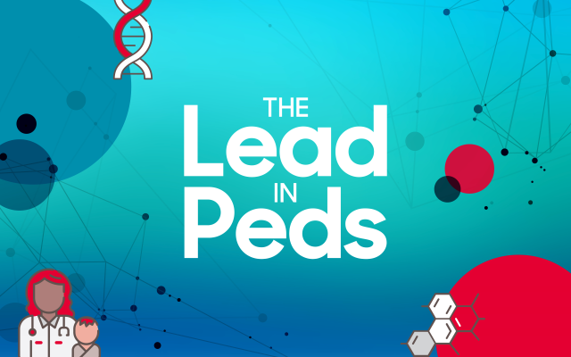Title card featuring The Lead in Peds text and illustrations of complex medical topics, such as a DNA double helix and diagram of a chemical bond