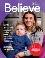 Believe Magazine Summer 2025 Cover featuring Child Life Specialist, Lanie Berk, holding Jack, an infant CNH patient.