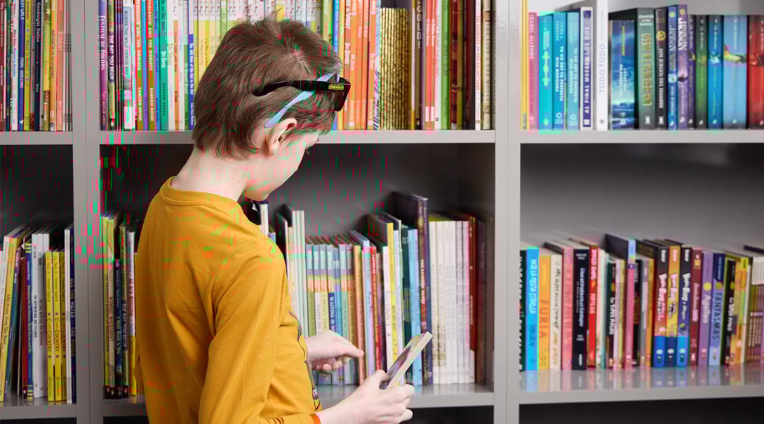 A patient enjoys story time in the Family Resource Center