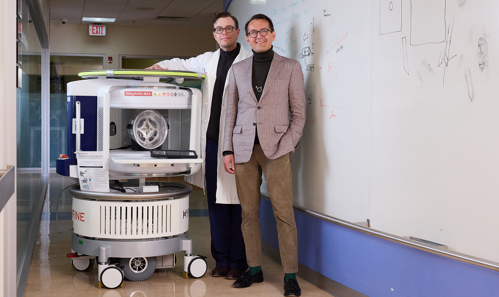 Drs. Linguraru and Donoho with the Hyperfine Swoop at the Sheikh Zayed Institute for Pediatric Surgical Innovation.
