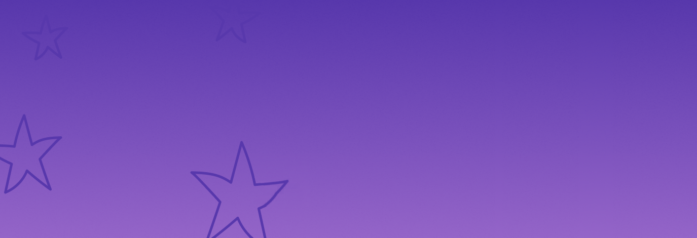 Purple gradient background with star illustrations.