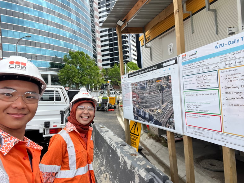 Leighton Asia Salsabilla Assegaff from Indonesia and Sam Ng from Hong Kong visits Warringah Freeway upgrade project of CPB Contractors