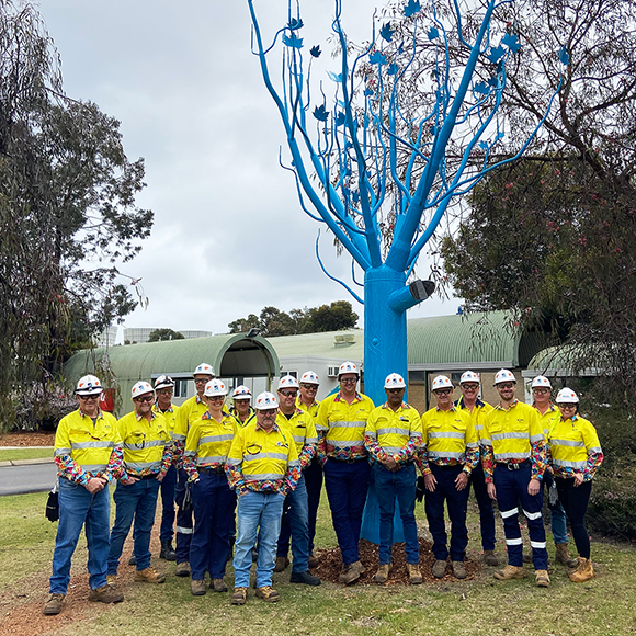 A blue tree for mental health at Muja Power Station