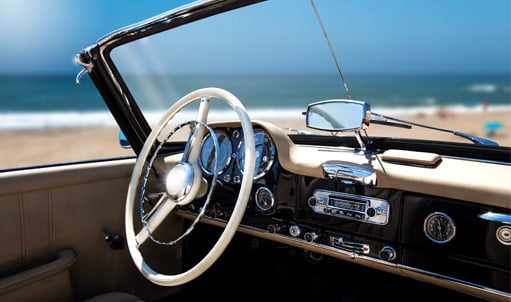 Interior of a collector car near the beach