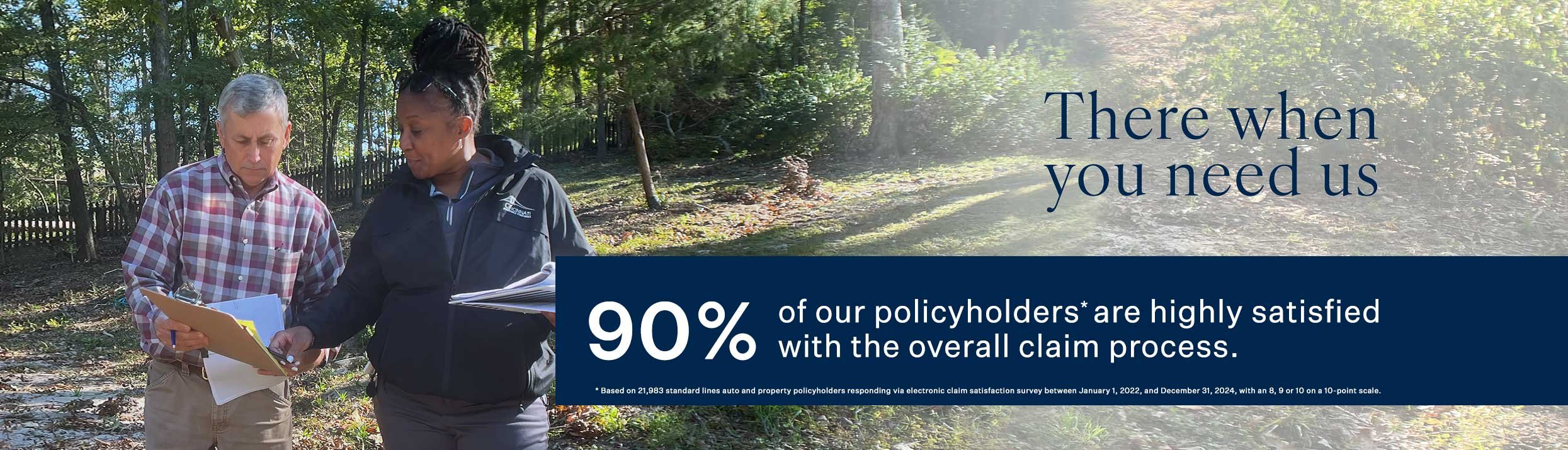 Claims adjuster meeting with insured showing how we are there when you need us. 90% of policyholders are highly satisfied with our overall claims process.