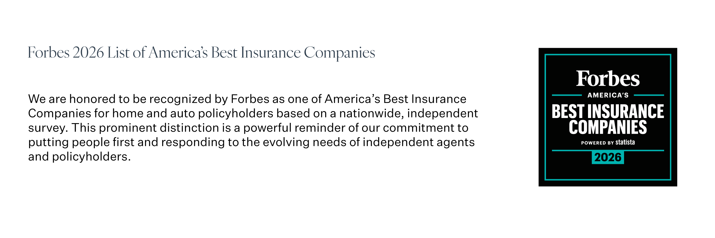 Forbes lists The Cincinnati Insurance Companies as one of America's Best Insurance Companies in 2026.