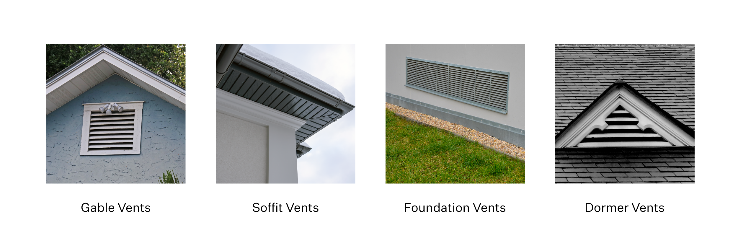 Pictures of different vents (Gable, Soffit, Foundation and Dormer) on a house