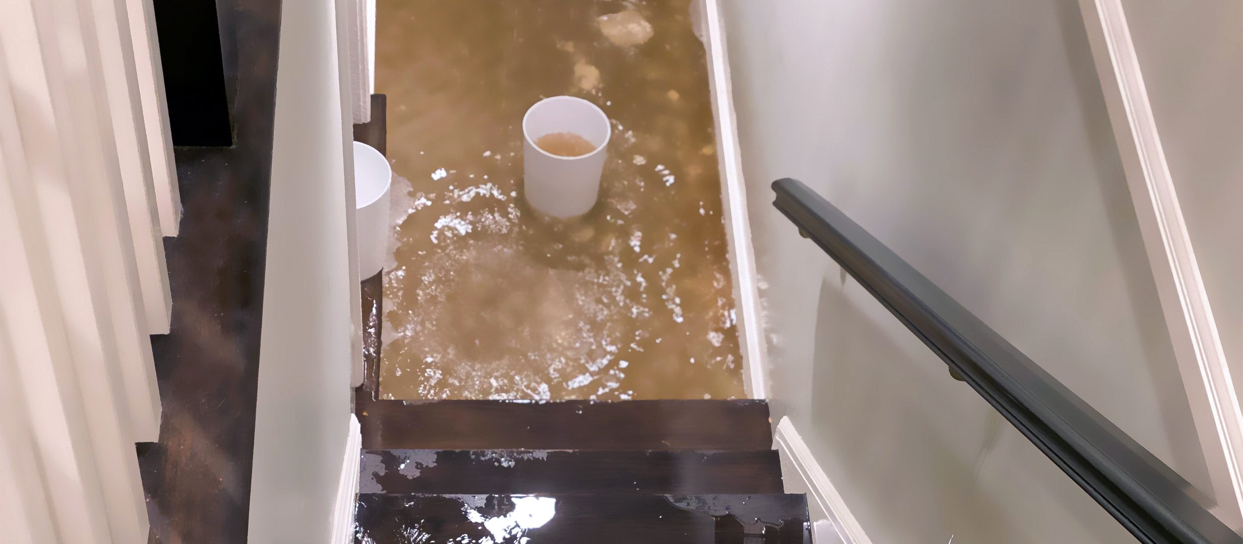A bucket sitting in standing water at the foot of stairs in a flooded basement