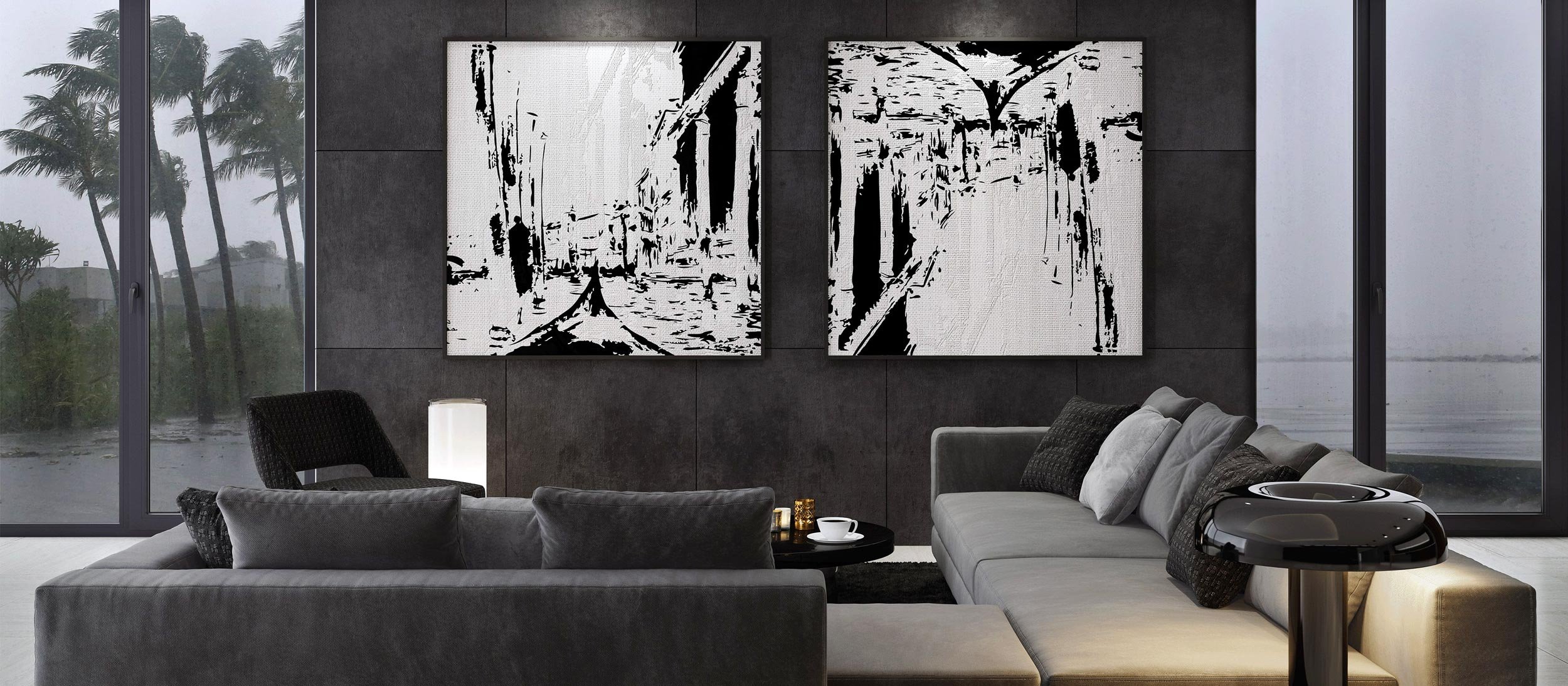 Living room with a storm outside the windows