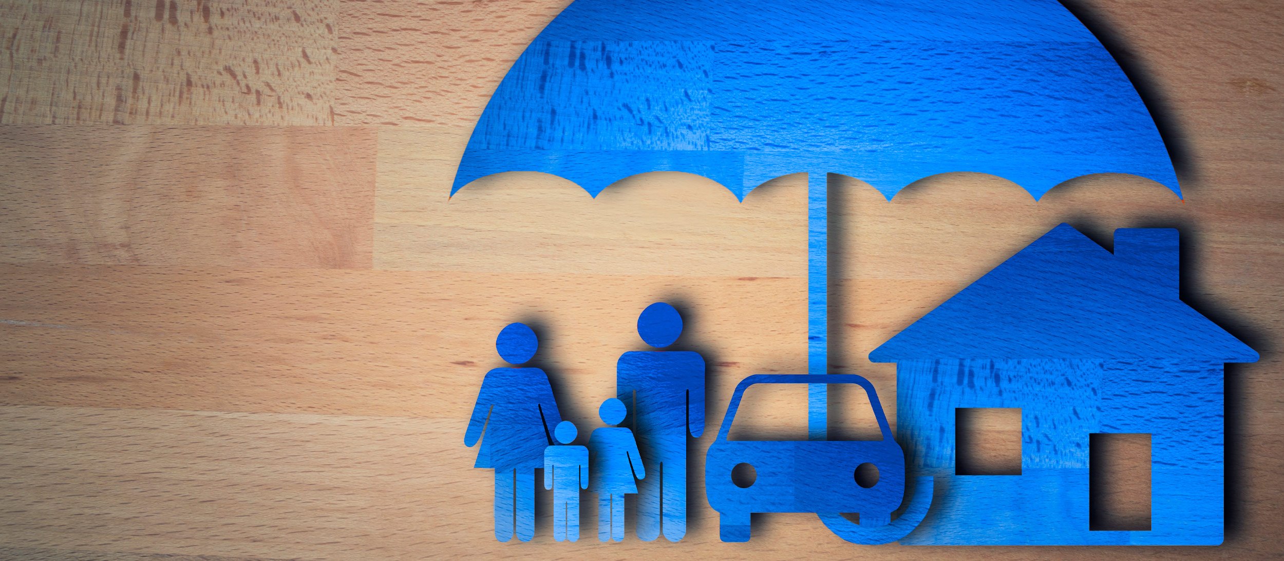 Icon images of adults, kids, car and house all under a large umbrella