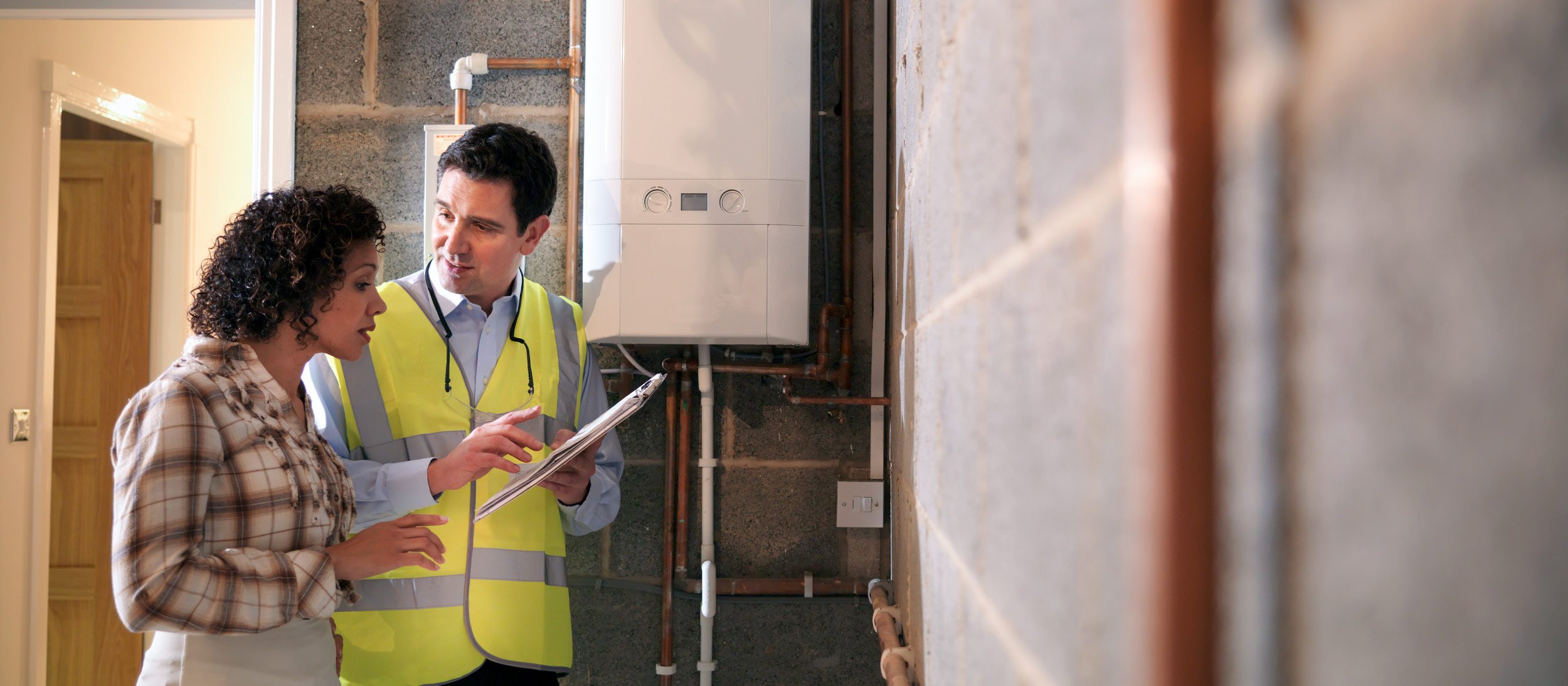 Employees inspecting a heating system