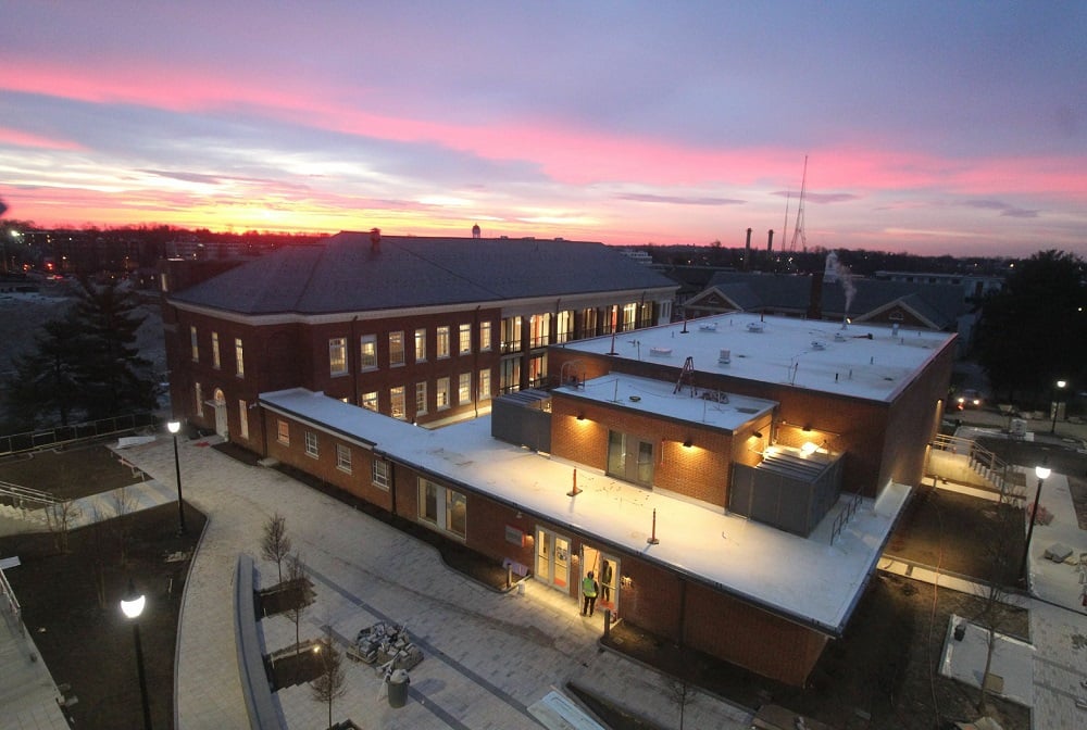 A view of the Rare Disease Institute at the Children's National Research & Innovation Campus at sunset