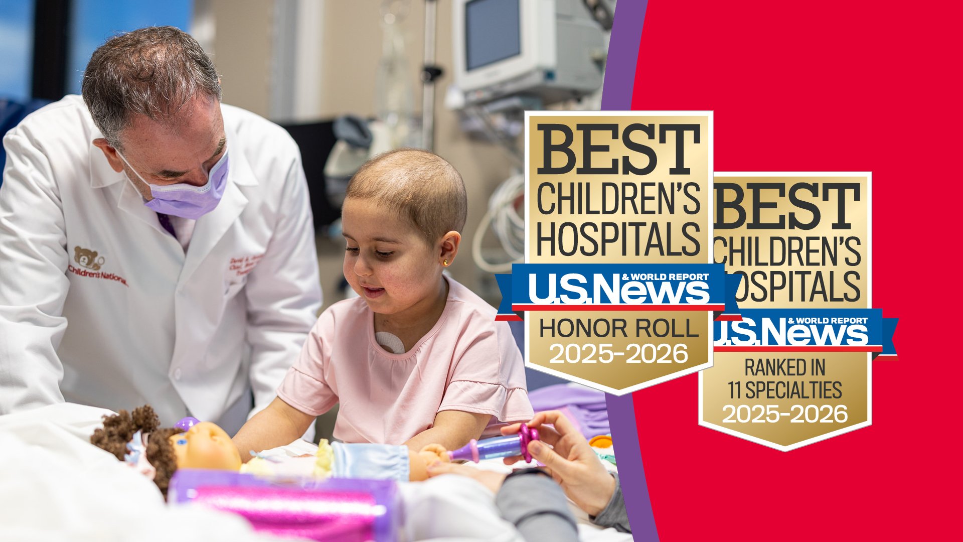 U.S. News & World Report - Best Children's Hospitals: Honor Roll and Ranked in 11 Specialties 2025-2026 badge with an image of a baby girl in a yellow outfit smiling and sitting on the floor. 