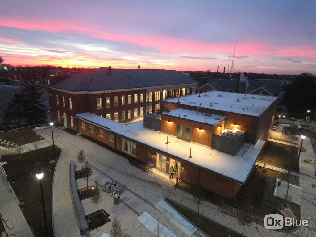 Research and Innovation campus building at sunset