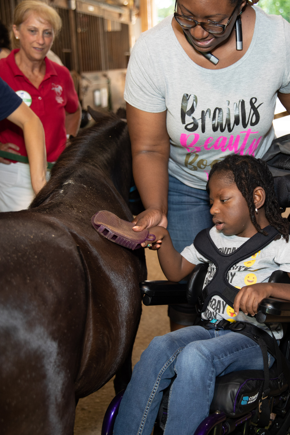 child brushing a horse