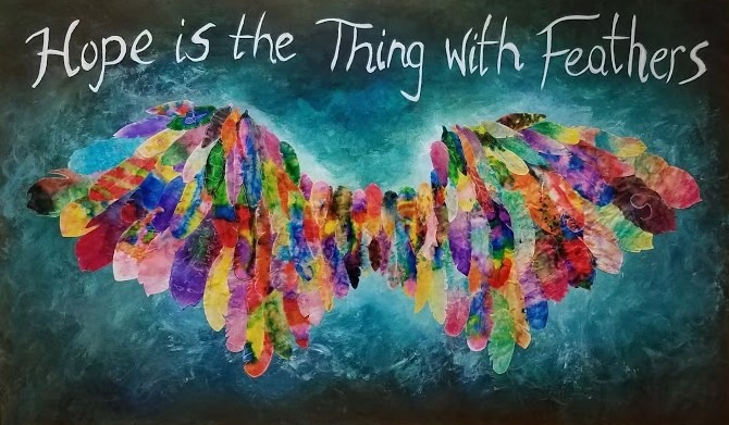 Artwork created at Children's National Hospital featuring colorful feathers in the shape of a bird's wings with text above that says "Hope is the Thing with Feathers."