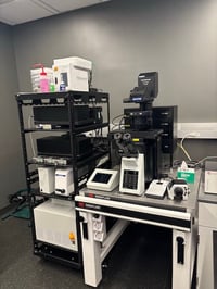 Black confocal inverted microscope stand, on top of air table. Equipment rack with 4 shelves containing laser unit, LED light source, and control box.