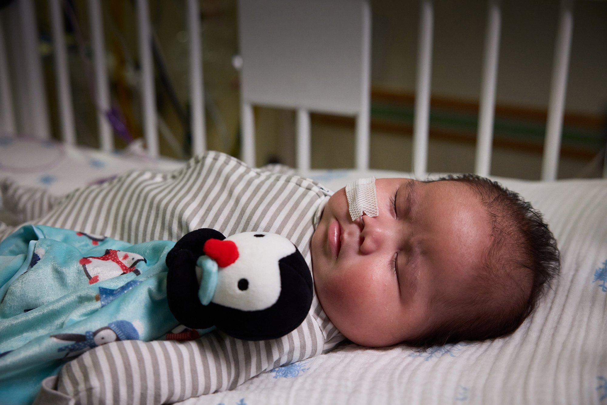 CNH patient Liam, age 3 months, asleep in a crib bed next to a penguin stuffed animal.