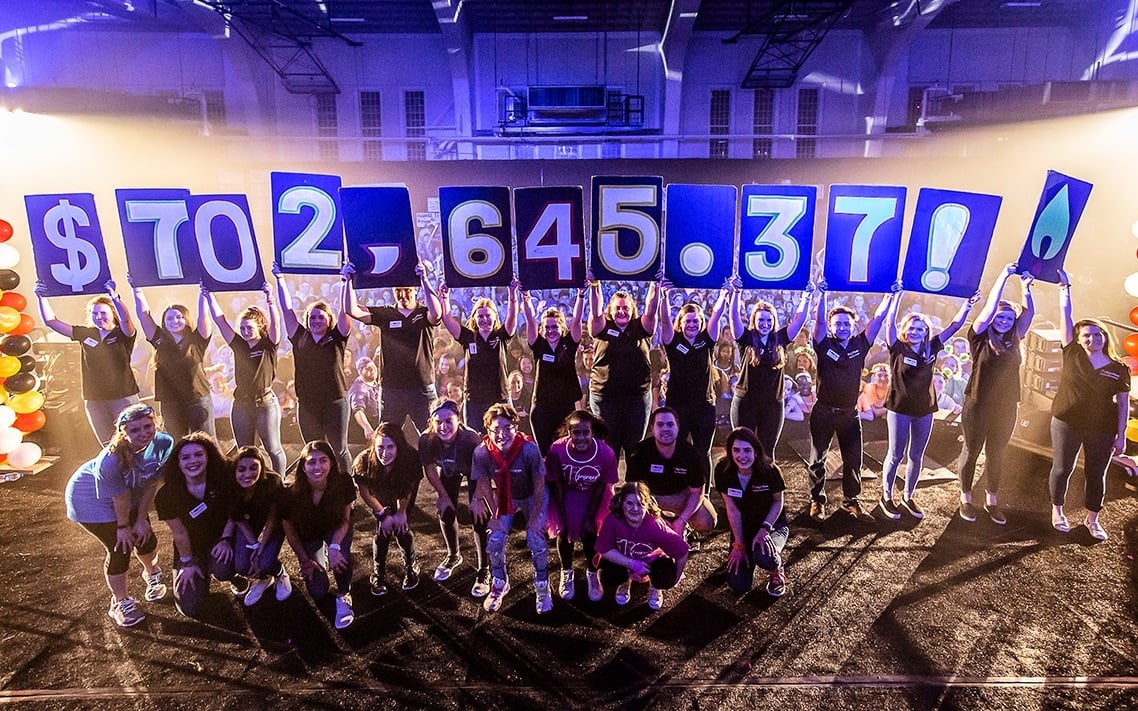 Group photo of dance marathon participants holding up a sign that shows that they raised over seven hundred thousand dollars.