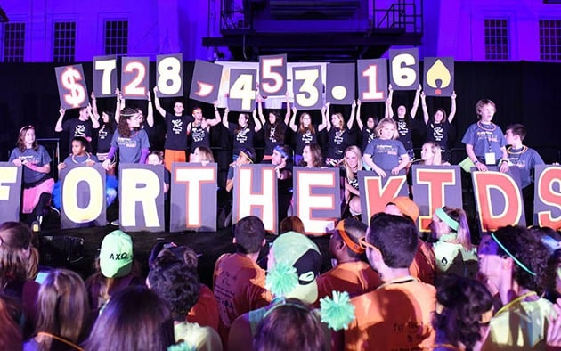 Students hold up a sign showing that they raised over seven hundred thousand dollars during a dance marathon event.