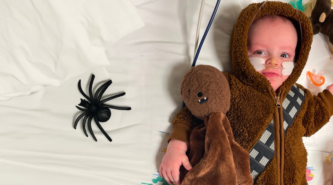 An infant patient dressed as Chewbacca, a character from Star Wars