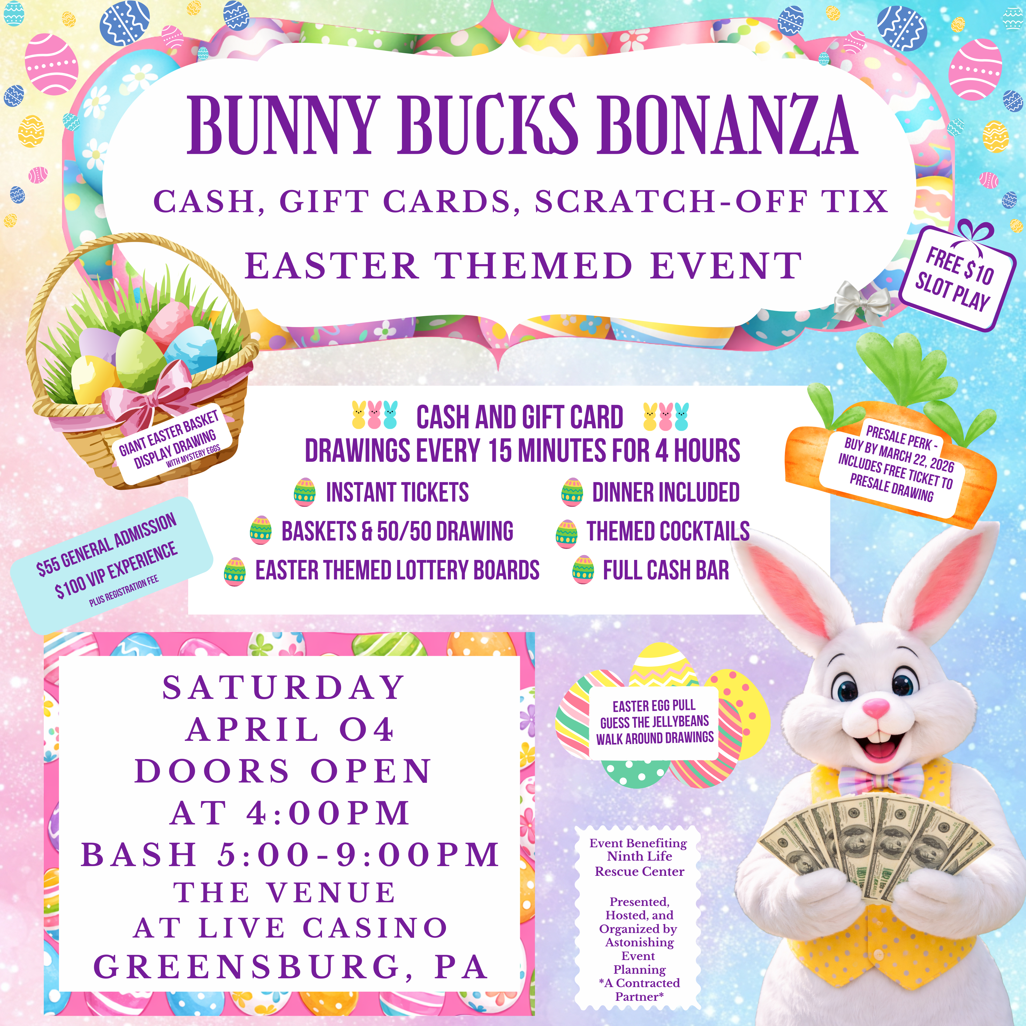 rainbow background with easter bunny and easter imagery and event detail text overlaid