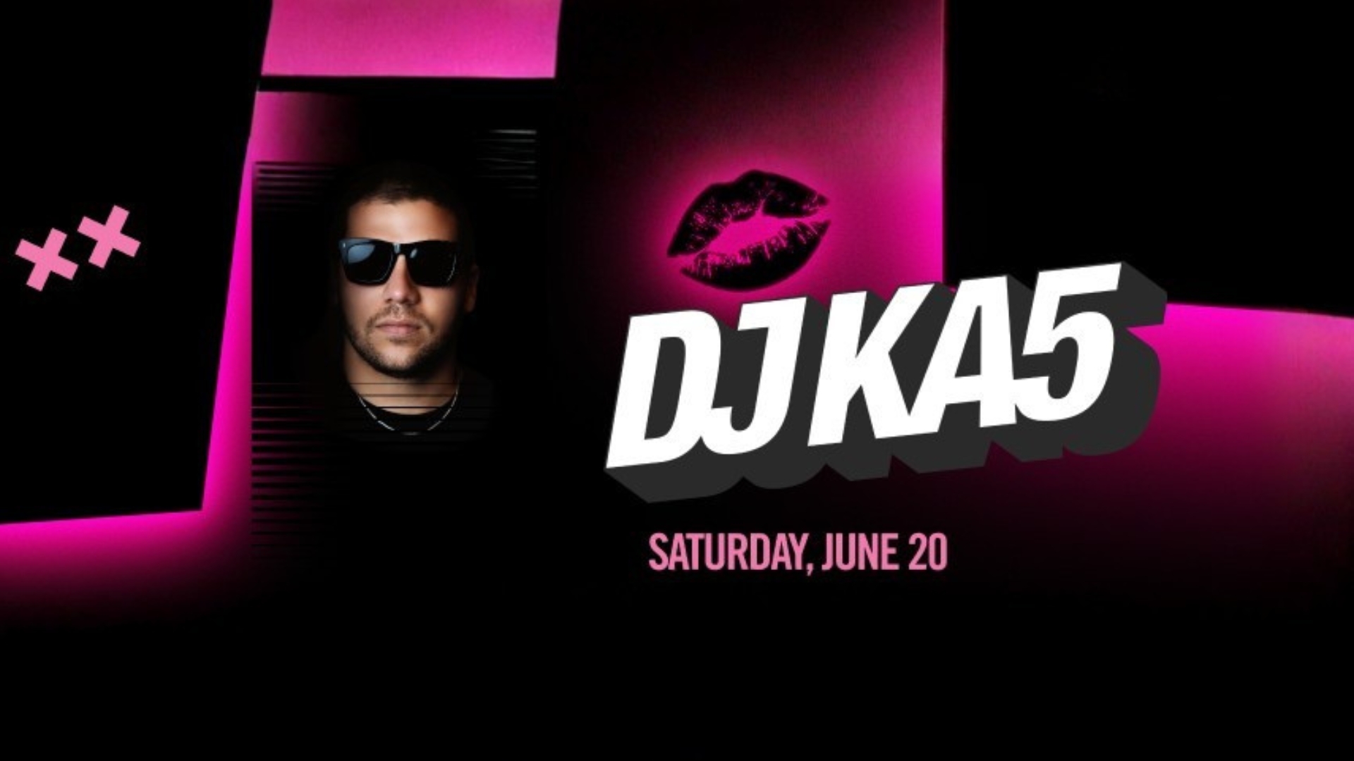 A pink and black flyer with a headshot of DJ KA5.