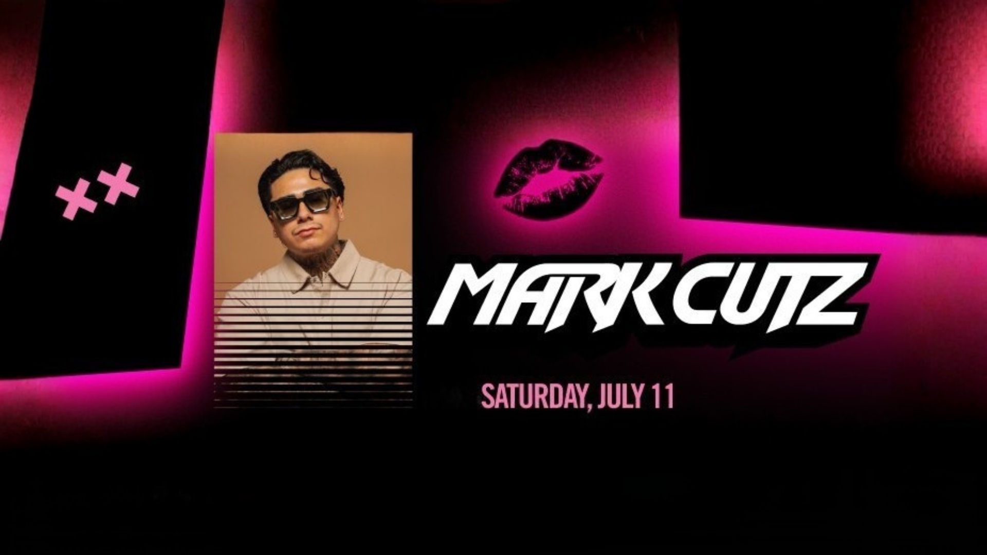 Pink and black flyer with a headshot of DJ MarkCutz.