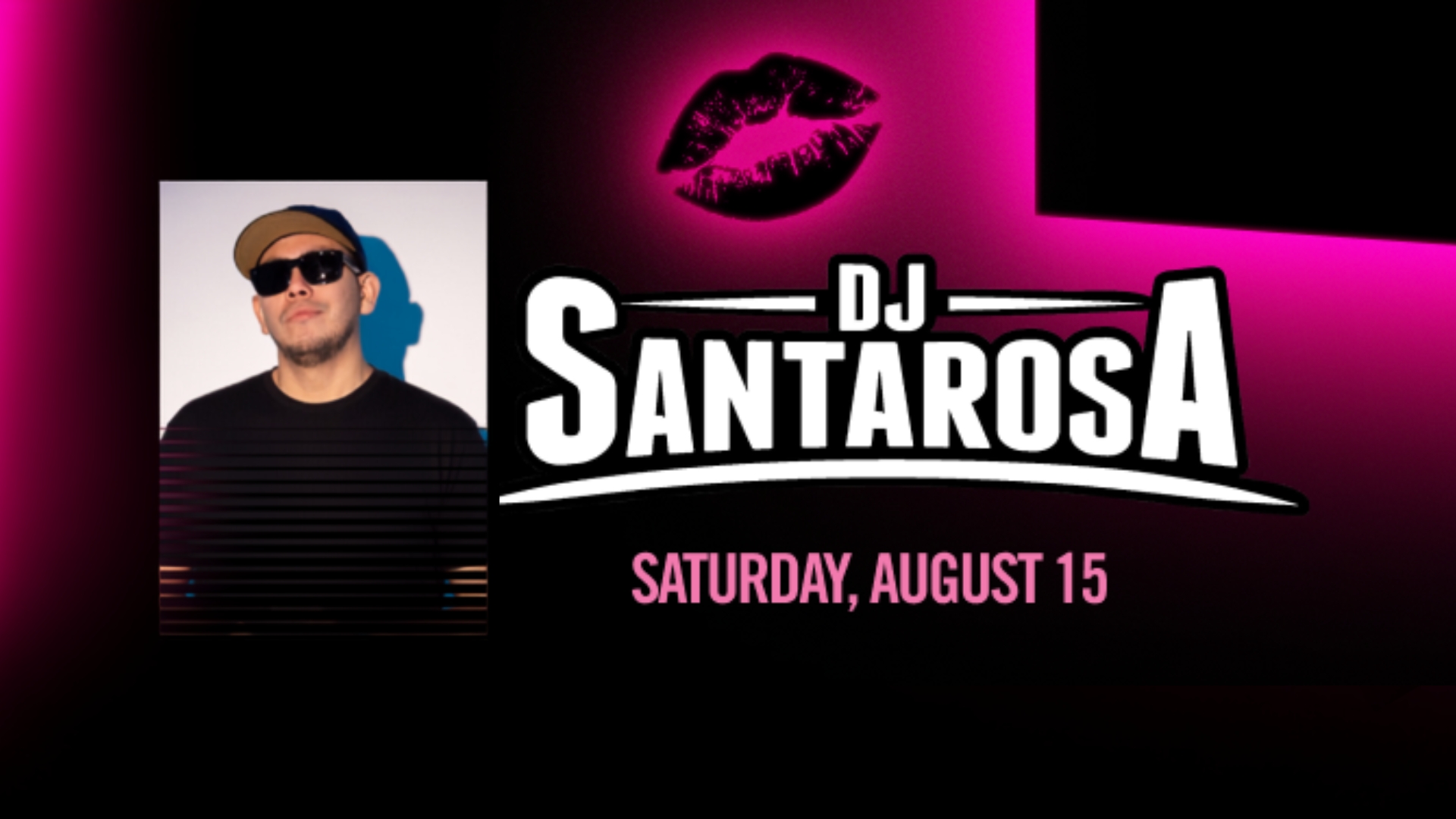 A pink and black flyer with a headshot of DJ Santarosa.