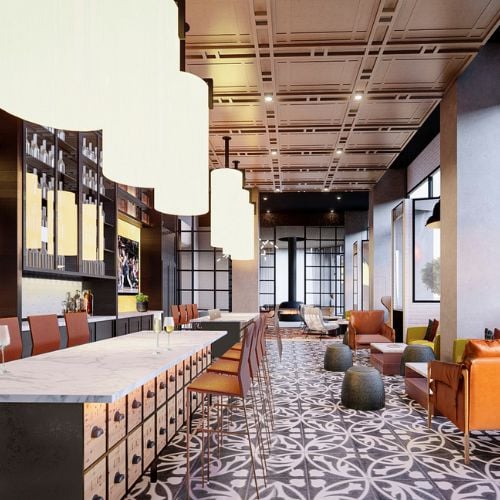 Three Light Luxury Apartments Lounge at Power and Light District in Kansas City, MO.