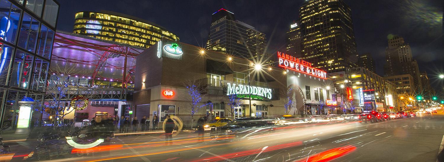 Power and Light District’s Grand Boulevard at night